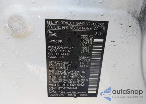 2017 Nissan Rogue Sv z USA, uszkodzony, nr VIN KNMAT2MV0HP532493